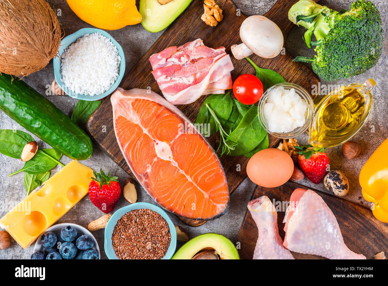 Healthy low carbs products. Ketogenic keto diet concept. Top view Stock Photo