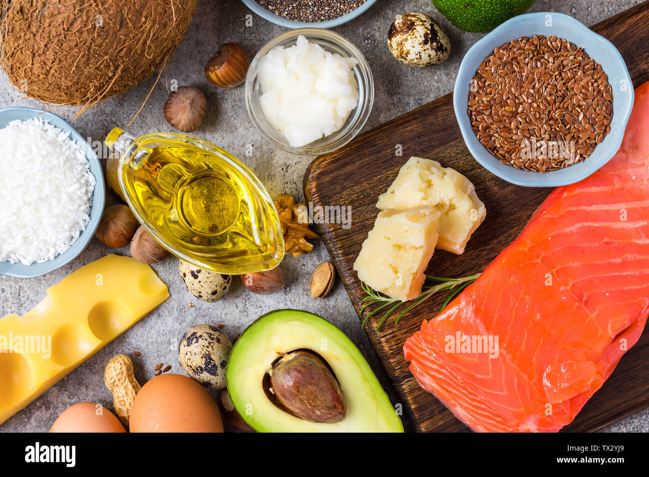 Healthy low carbs products. Ketogenic keto diet concept. Top view Stock Photo