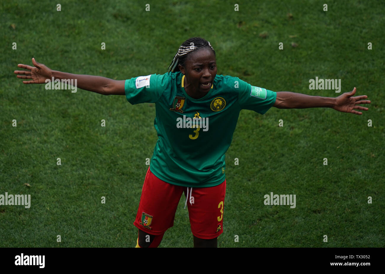 Cameroon's Ajara Nchout reacts after her goal is disallowed by VAR for offside during the FIFA Women's World Cup, round of Sixteen match at Stade du Hainaut, Valenciennes. Stock Photo