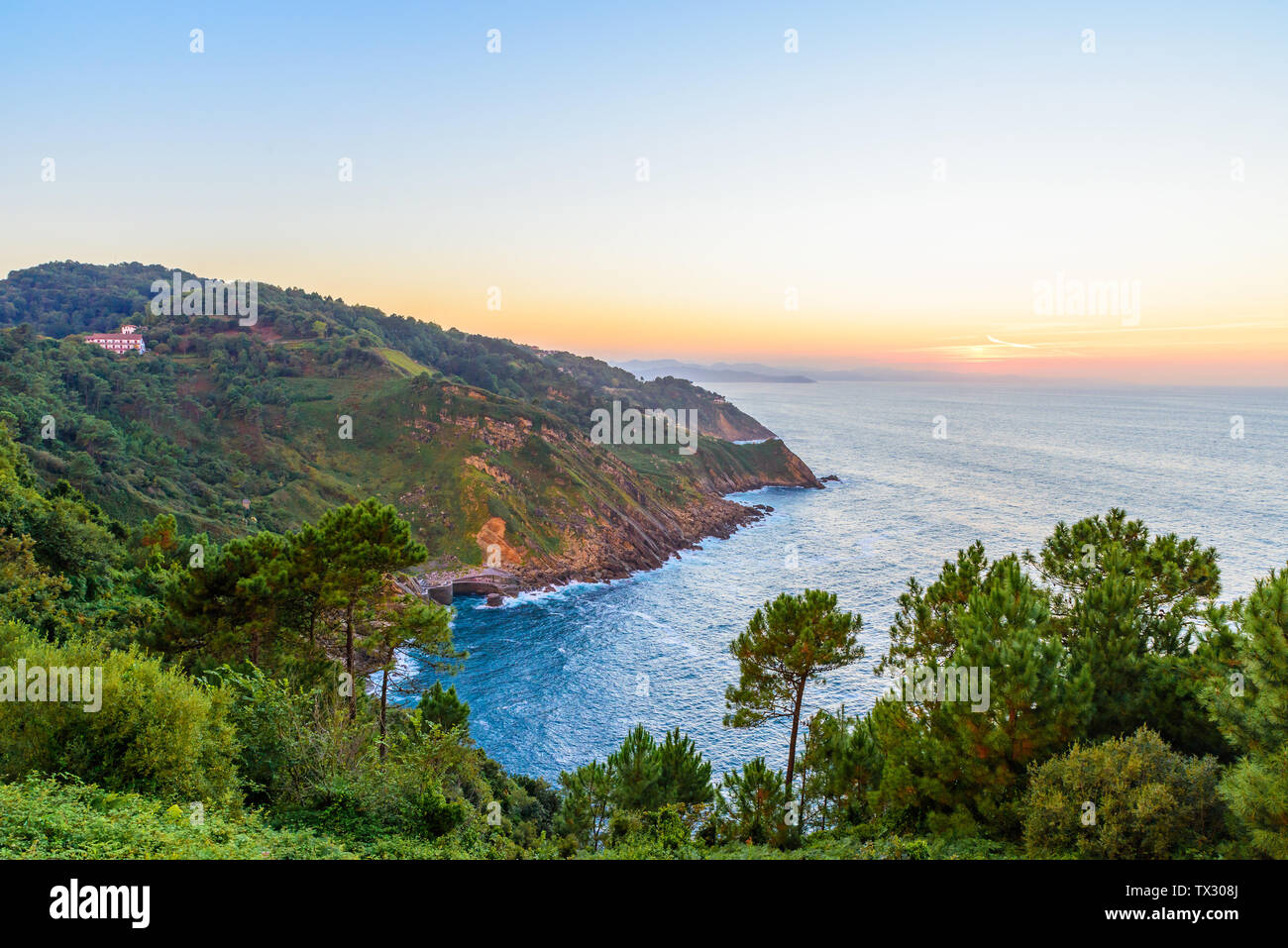 Beautiful sunset seascape in San Sebastian or Donostia, Spain, Basque country Stock Photo