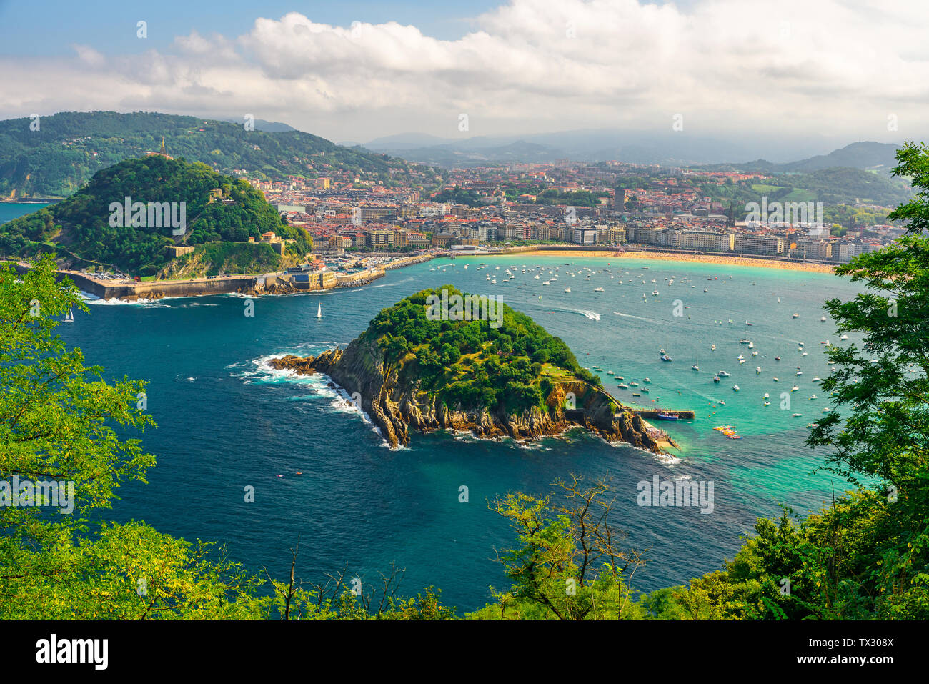 Aerial view of turquoise bay of San Sebastian or Donostia with beach La Concha in a beautiful summer day, Basque country, Spain Stock Photo