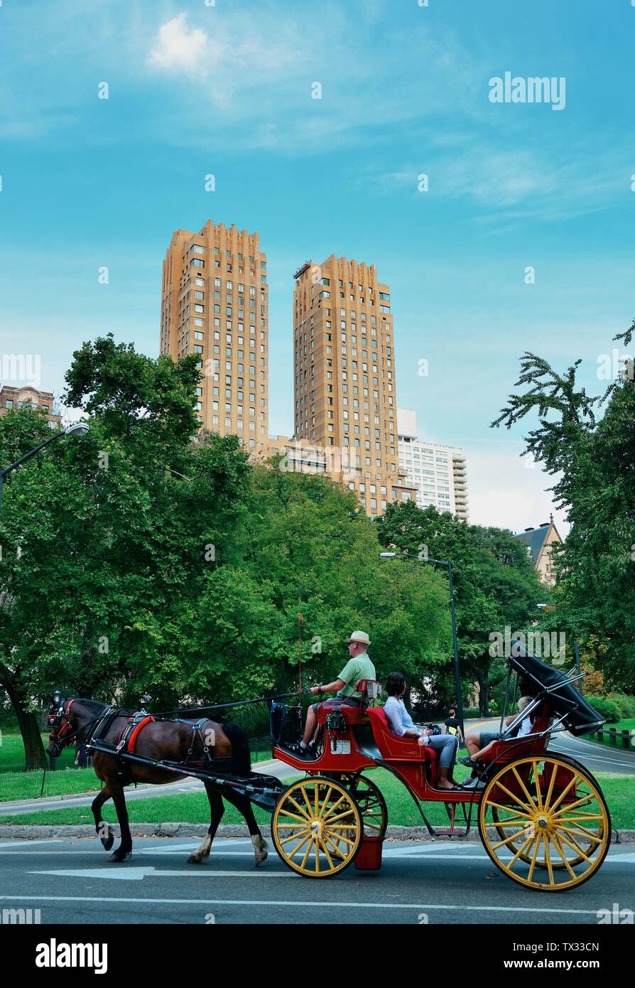 Central Park Spring and horse carriage in midtown Manhattan New York City. Stock Photo