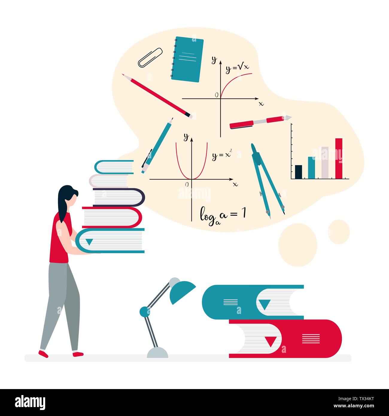 Vector illustration with girl, stack of books. Education, study ...