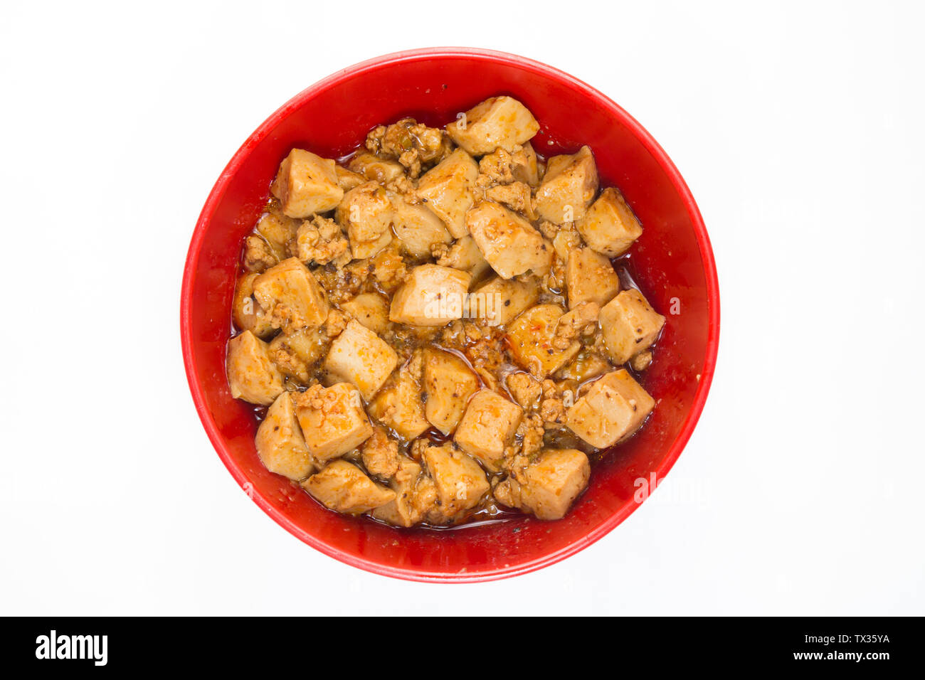 Japan cuisine, tofu and mince with hot spicy sauce isolated on white