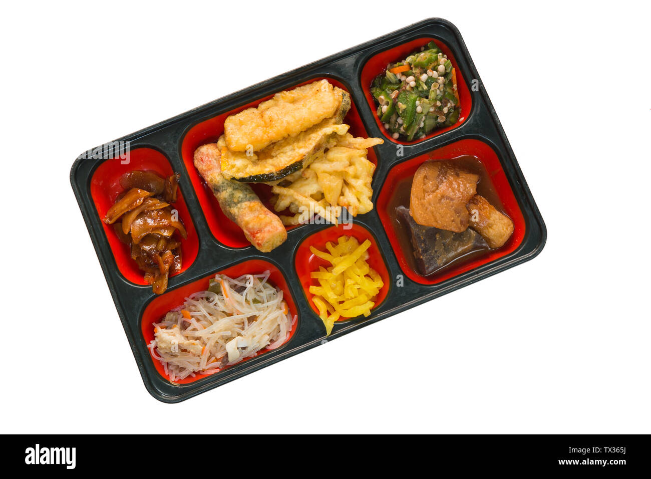 Japan Food set of onion fritter and other in a box isolated on white