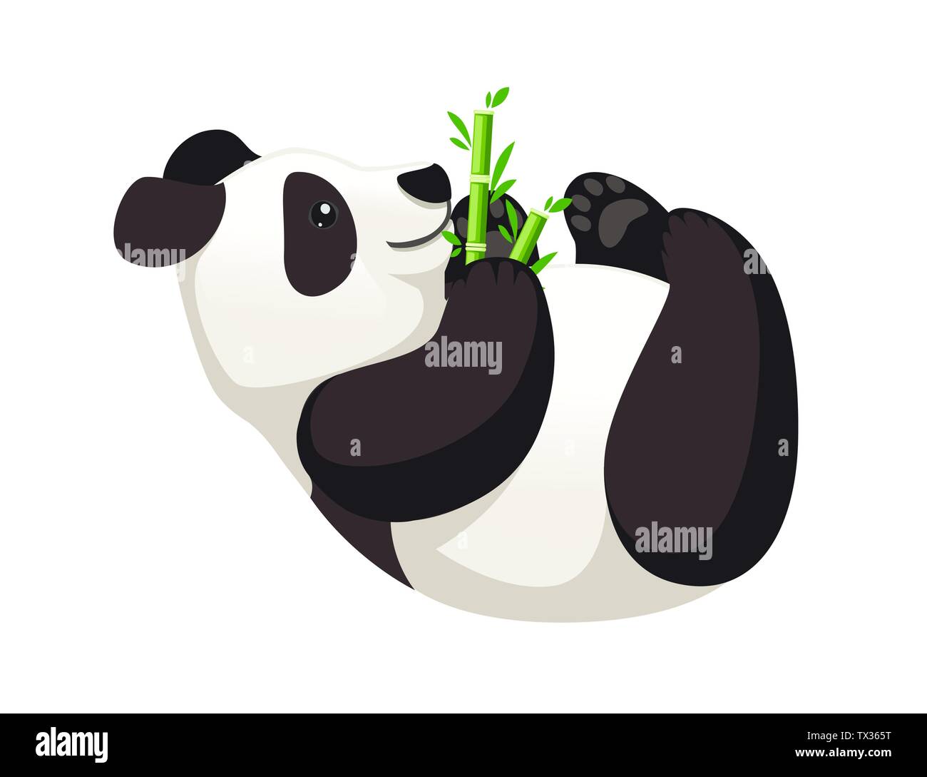Cute Big Panda Lying On Floor And Holds Bamboo Branch Cartoon