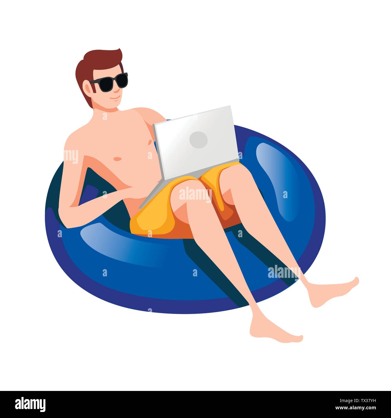 Young man floating on an blue inflatable circle with laptop flat vector illustration isolated on white background cartoon character design Stock Vector