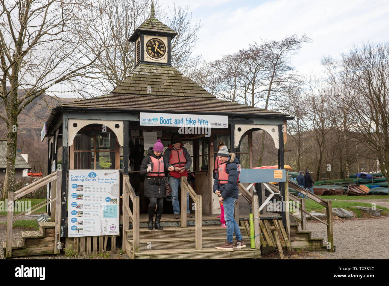 Boat hire, Lake Coniston boating and bike hire centre beside the lake,Coniston Water,Lake District,Cumbria,England Stock Photo