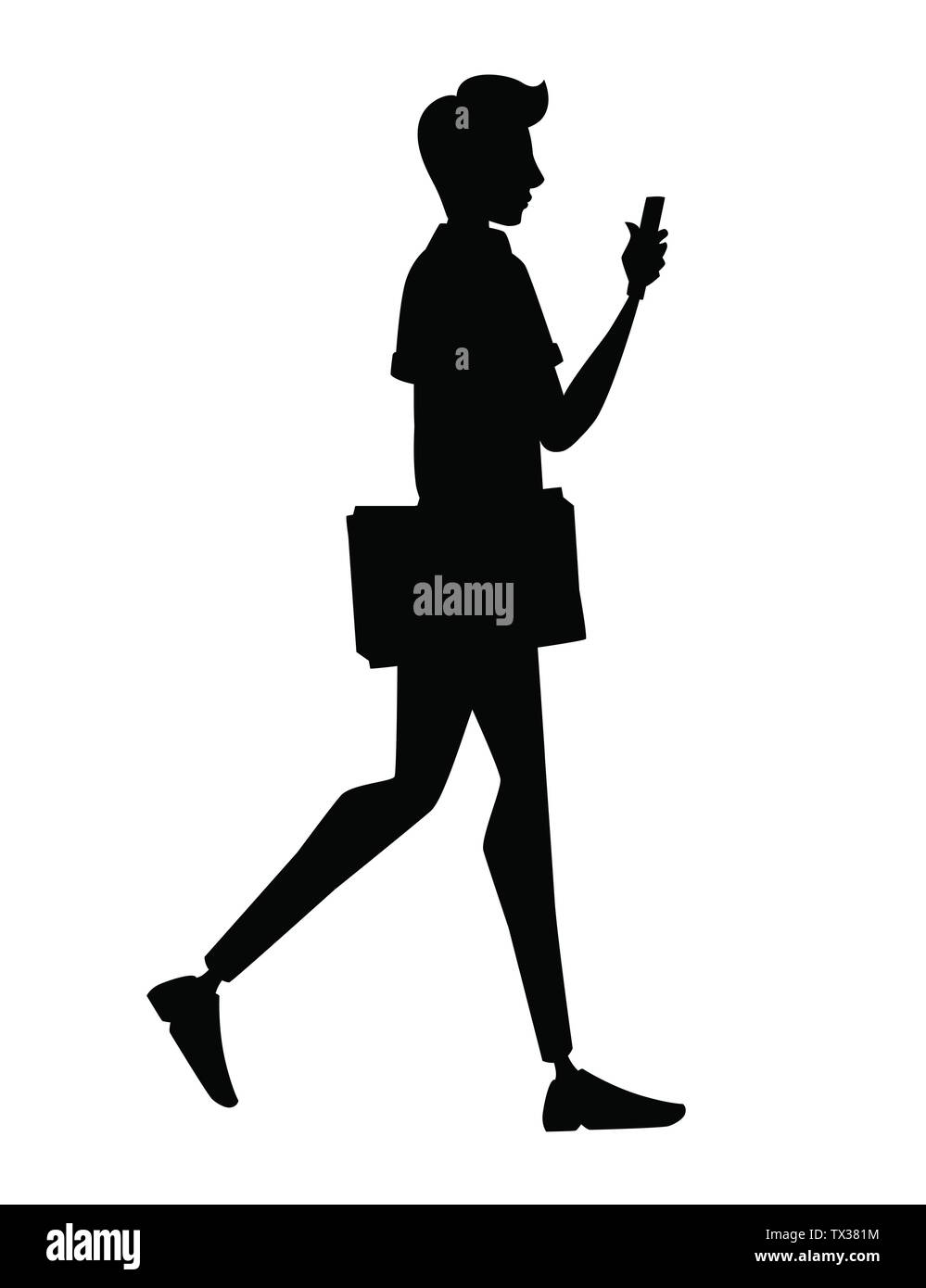 Black silhouettes man goes and holds in one hand a folder for paper in the other hand a smartphone cartoon character design flat vector illustration Stock Vector