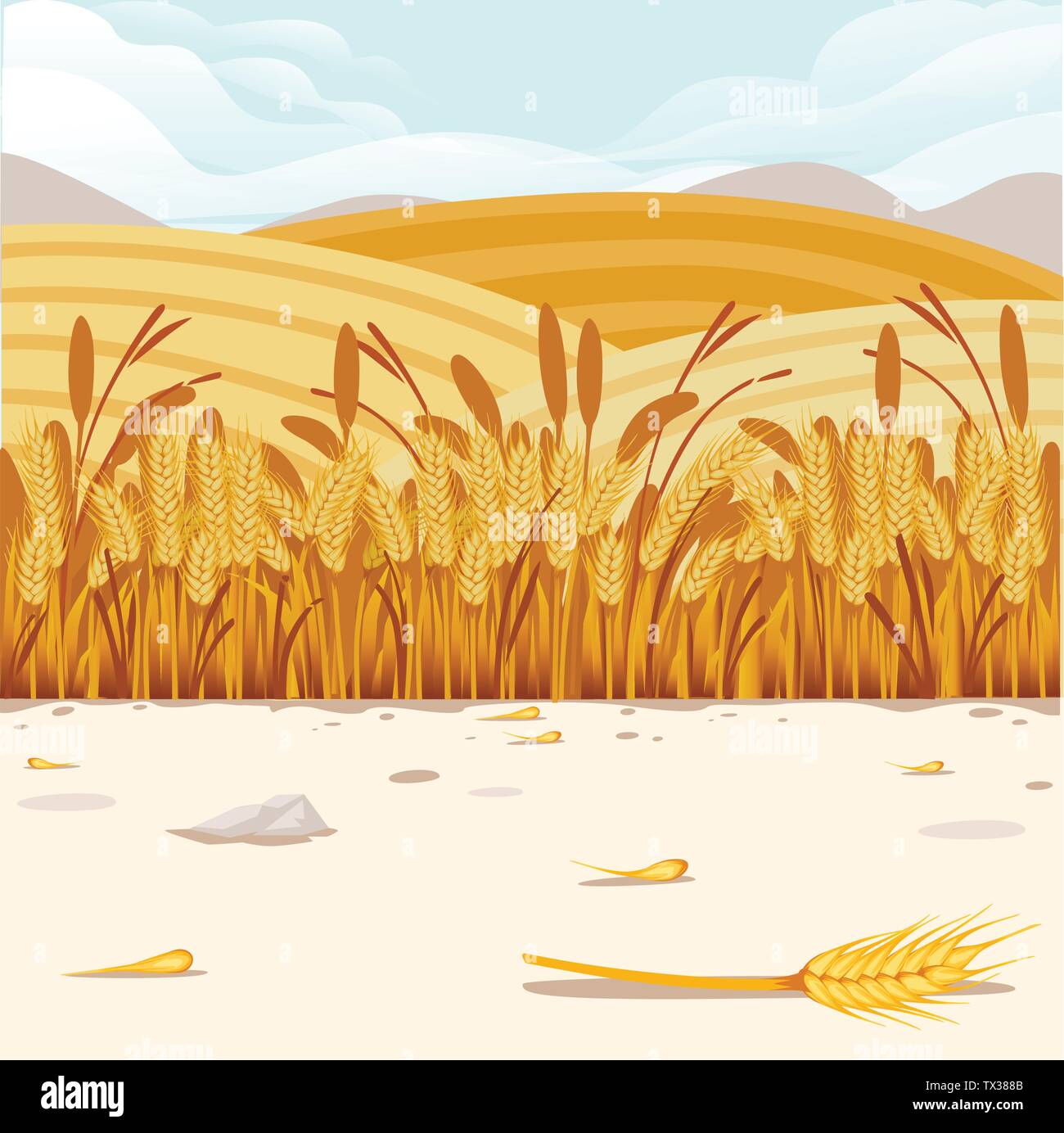 Wheat field illustration with rural landscape and good sunny day on background horizontal banner design Stock Vector