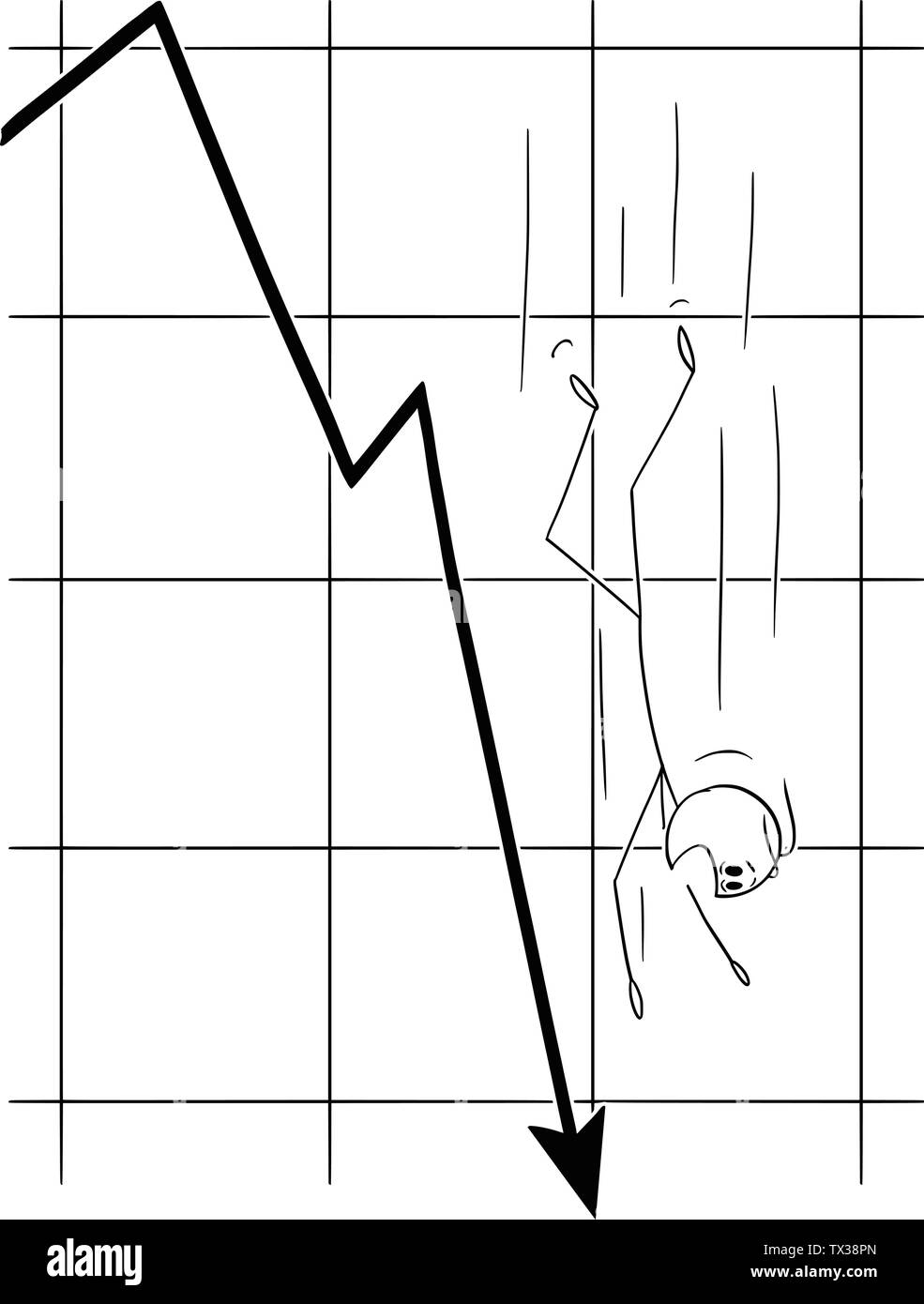 Vector cartoon stick figure drawing conceptual illustration of man or businessman falling down along the graph arrow. Business metaphor of crisis. Stock Vector