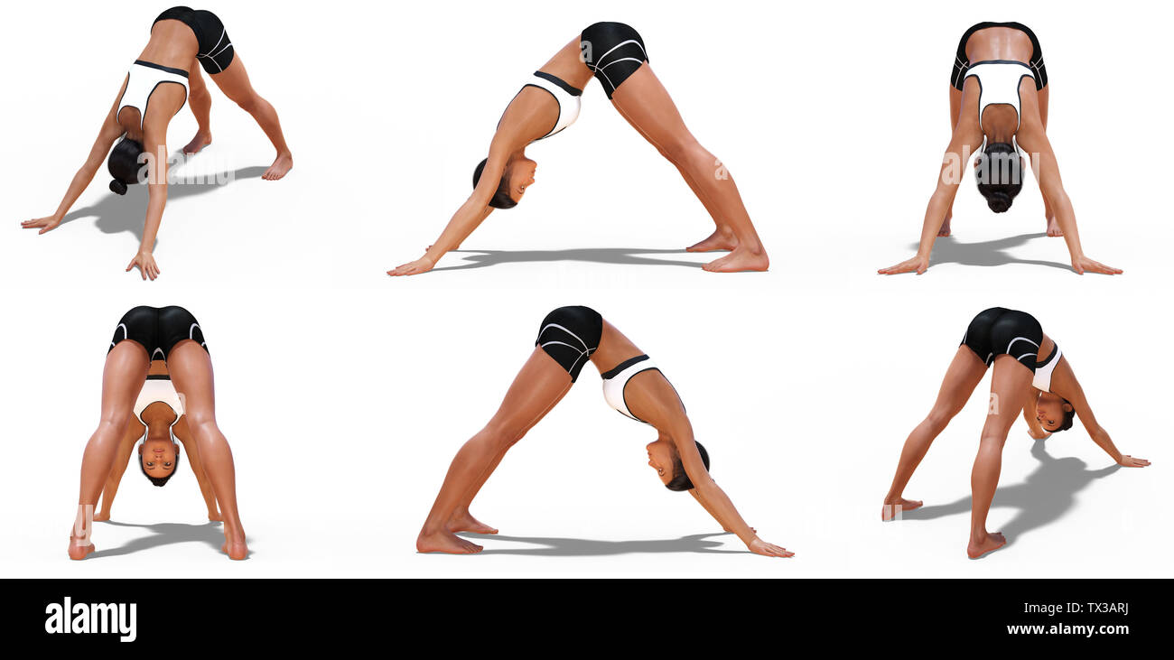 Woman In Yoga Downward Facing Dog Poses With 6 Angles Of View On A White Background Stock Photo Alamy
