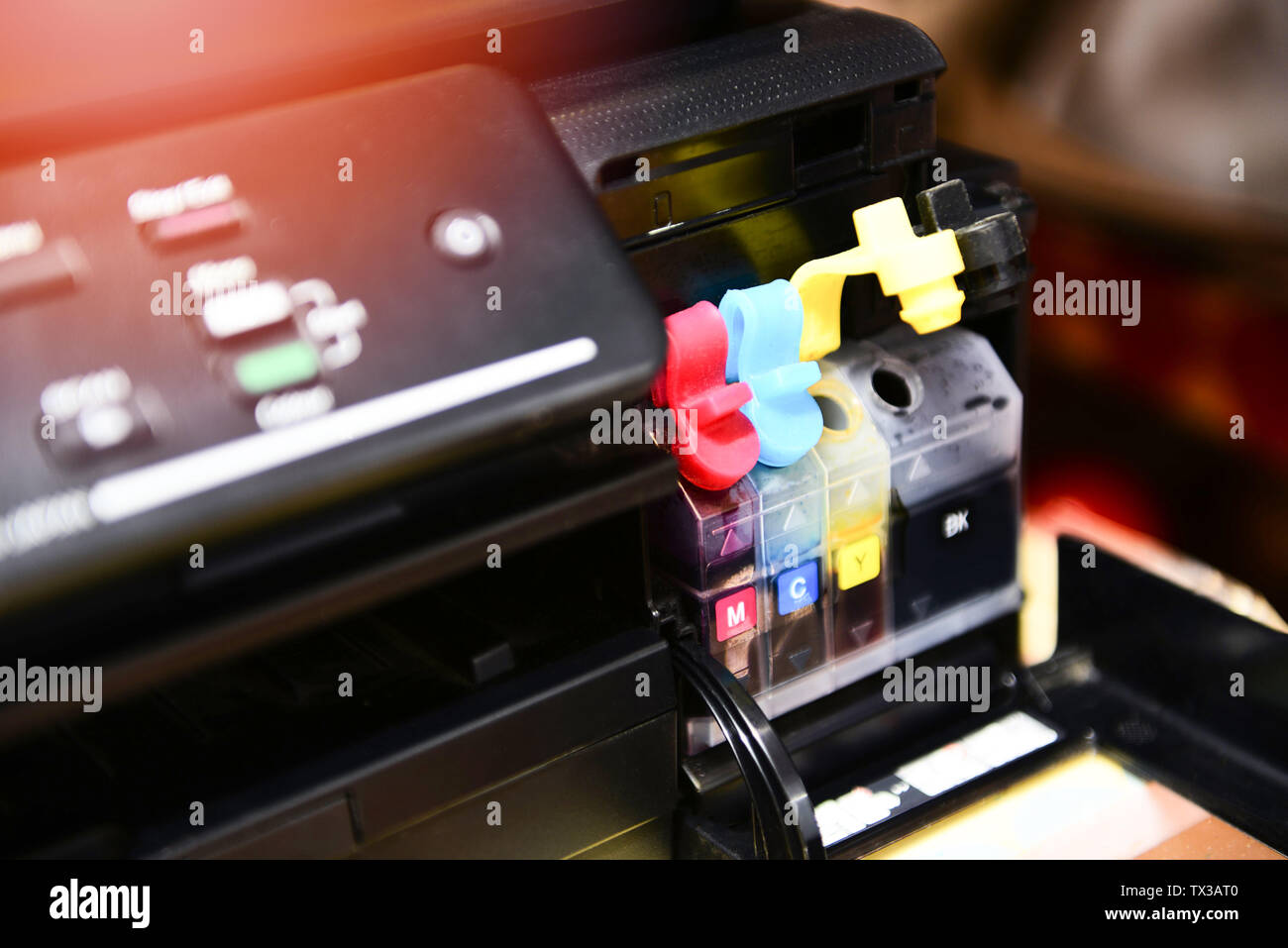 printer ink tank for refill at office / Close up printer cartridge inkjet  of color black CMYK and repair fix the problem concept , selective focus  Stock Photo - Alamy