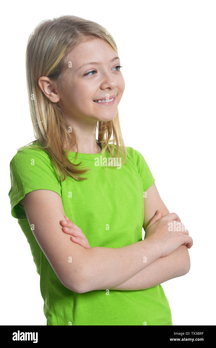 Portrait of cute little girl posing isolated on white background Stock ...