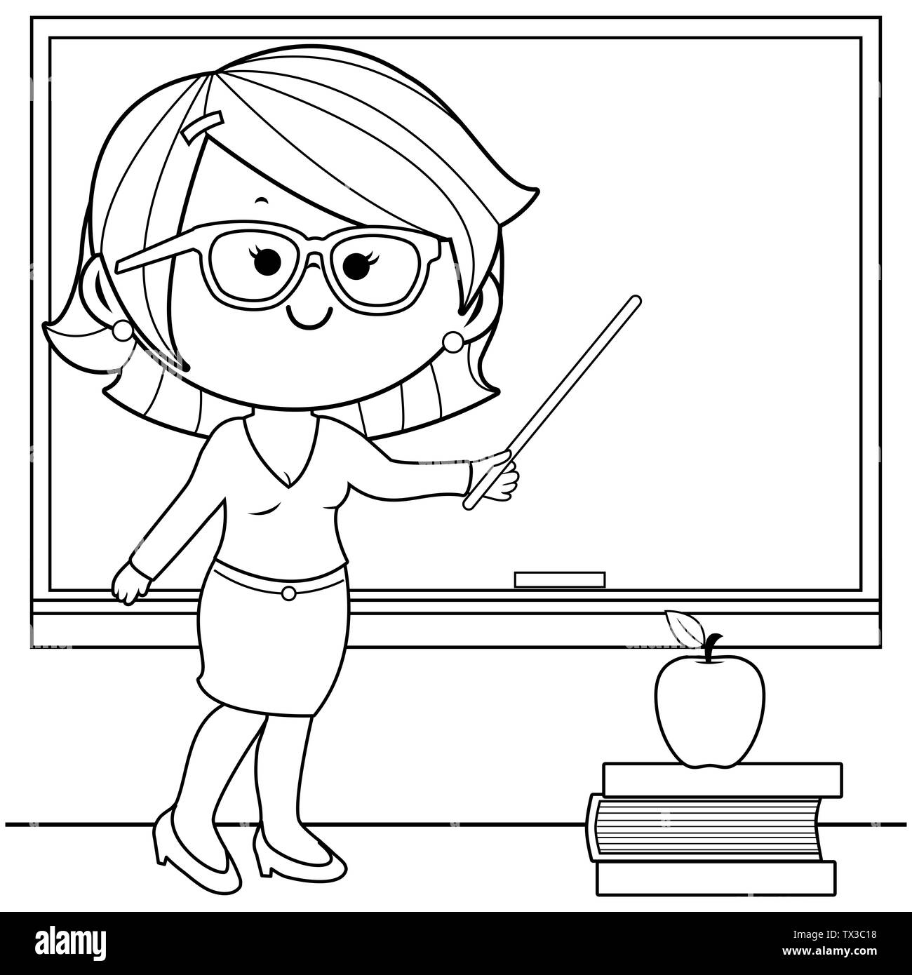 Teacher in the classroom in front of a blackboard teaching. Black and white coloring page illustration Stock Photo
