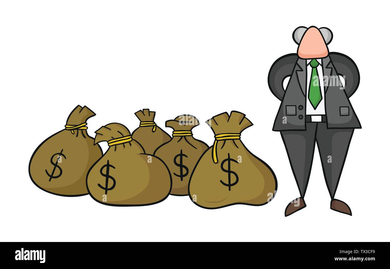 Hand-drawn vector illustration of boss rich with dollar money sacks ...