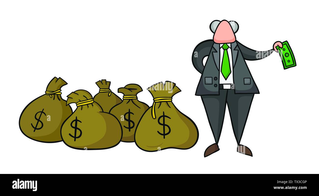 Hand-drawn vector illustration of boss with dollar money sacks and ...