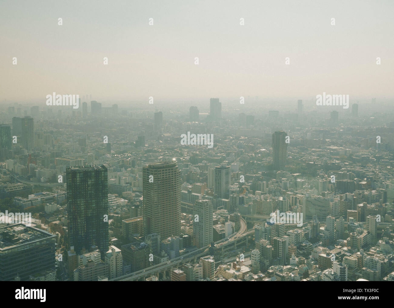 Sunny, smoggy cityscape view, Tokyo, Japan Stock Photo
