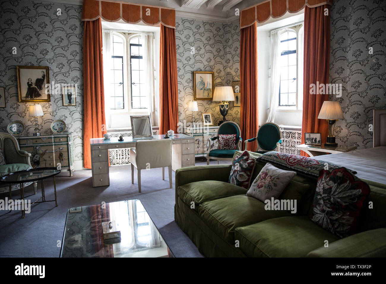 Lady Baillie's Bedroom at Leeds castle near Maidstone, Kent, England. Elegantly restored in the twentieth century as a stately home by Lady Baillie. Stock Photo