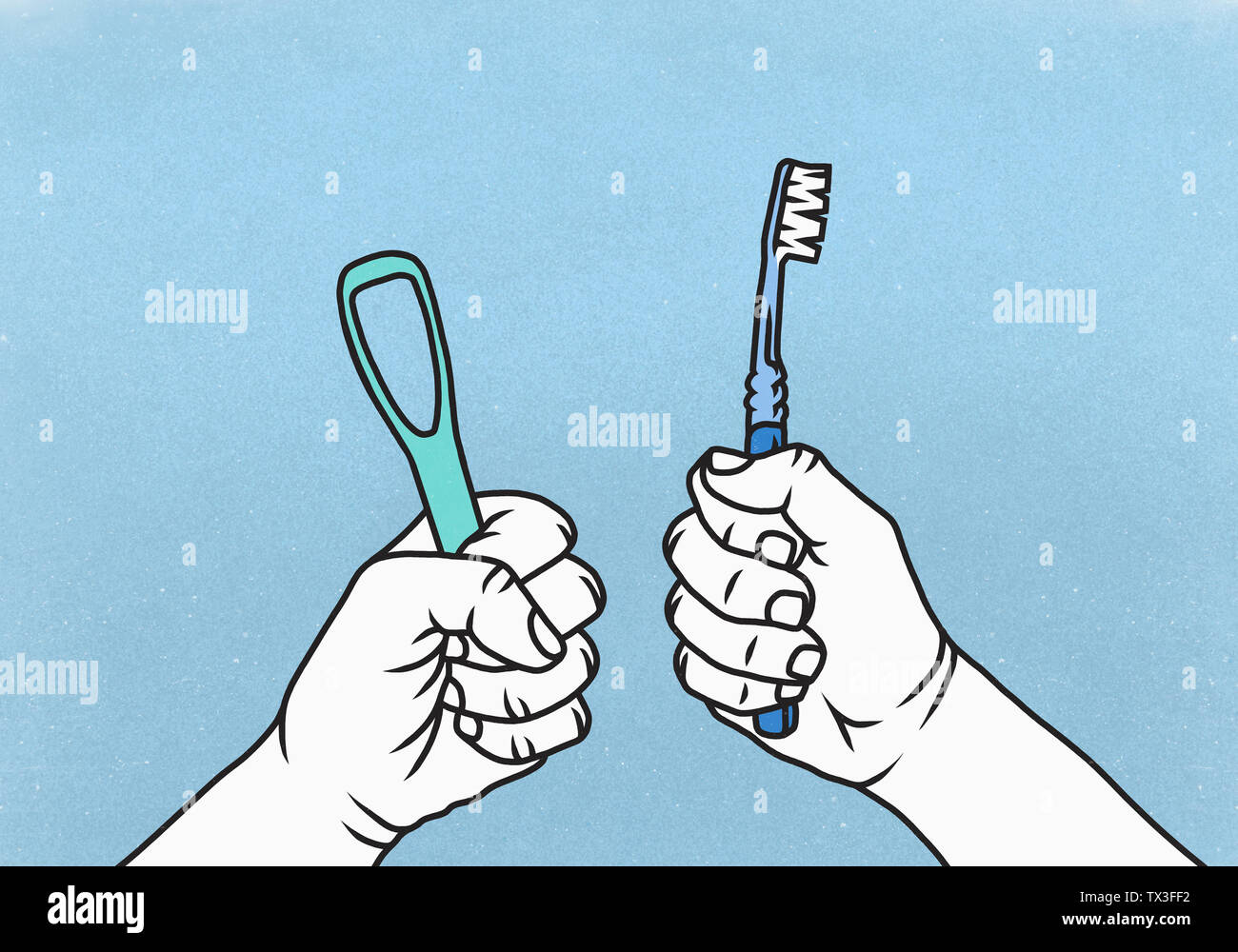 Fists holding toothbrush and tongue cleaner Stock Photo Alamy