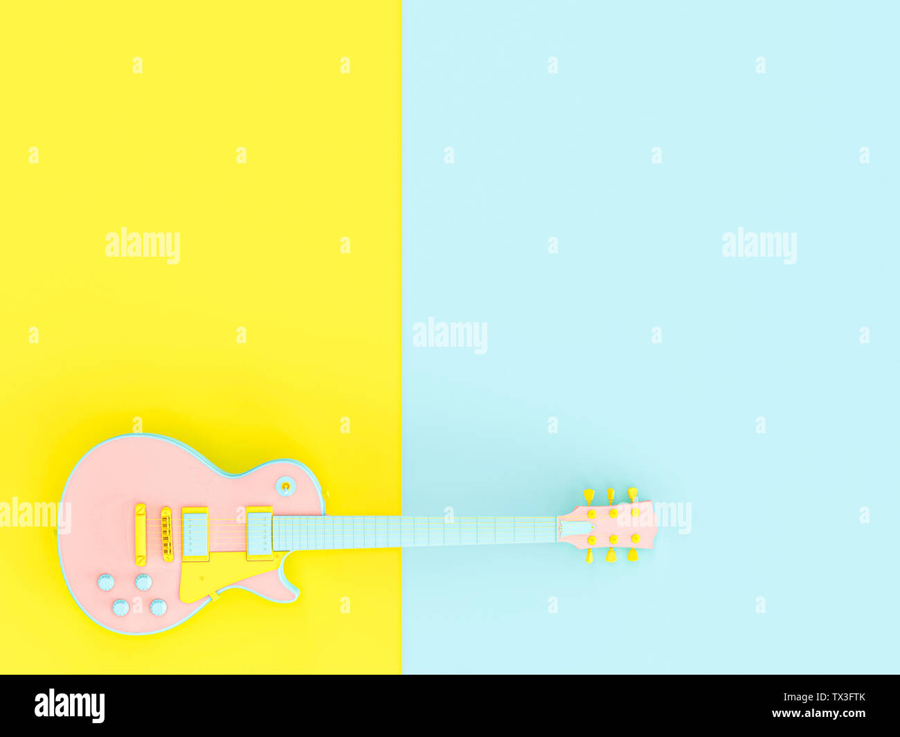 blue, pink and yellow electric guitar on two-tone background, 3d image render in style flat lay. Stock Photo