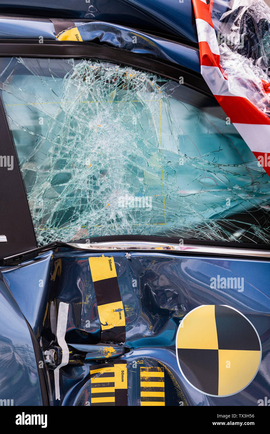 Smashed window of crash test car Stock Photo