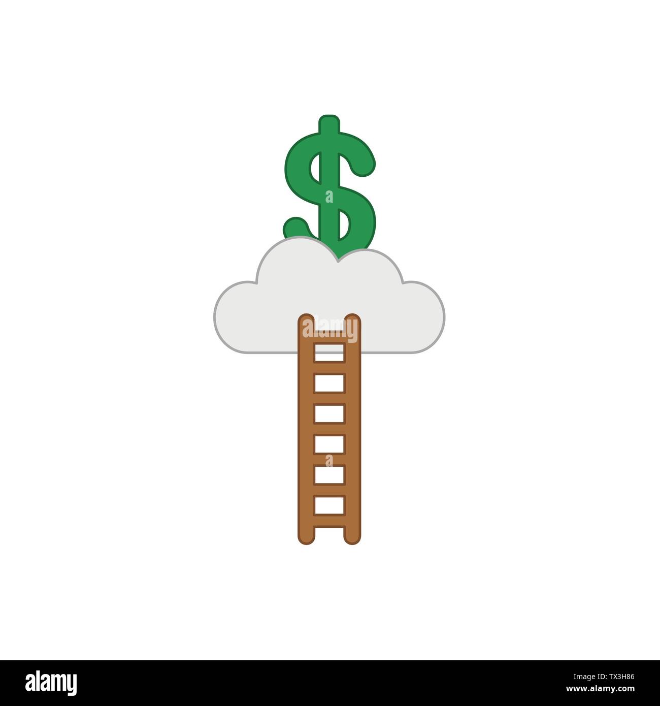 Vector icon concept of reach green dollar symbol on cloud with wooden ladder. Colored outlines. Stock Vector