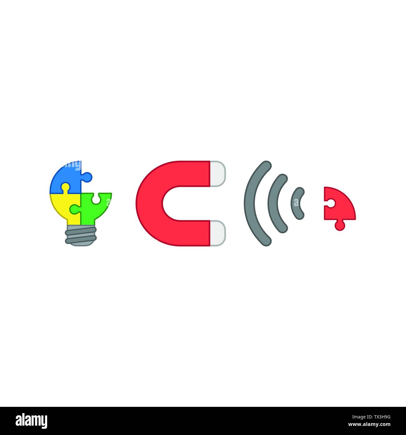 Vector icon concept of jigsaw puzzle light bulb with magnet attracting missing red puzzle piece. Colored outlines. Stock Vector