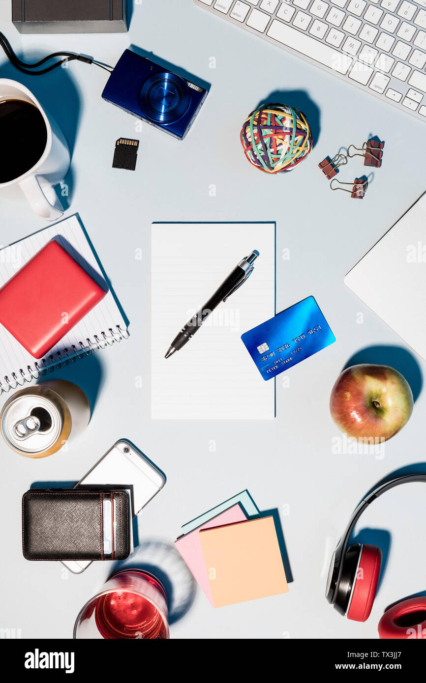 View from above credit card and office supplies on desk Stock Photo