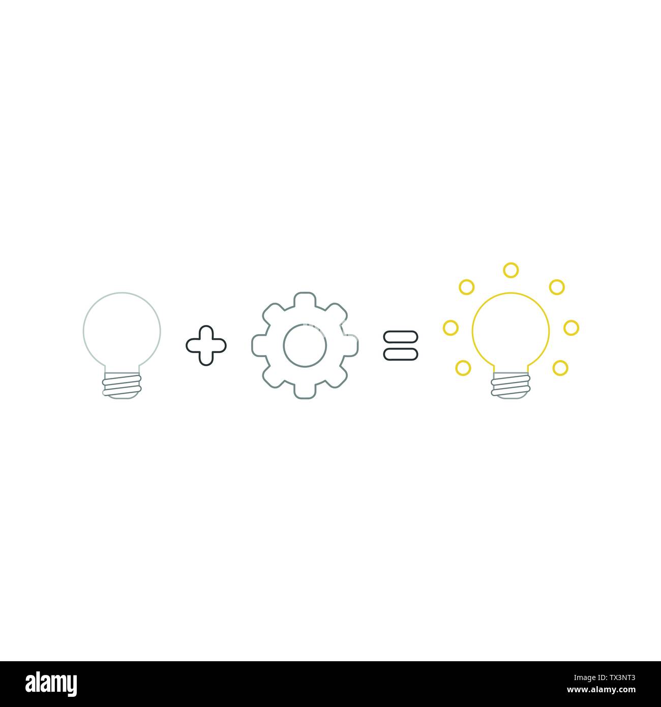 Vector icon concept of grey light bulb idea plus gear equals glowing ...