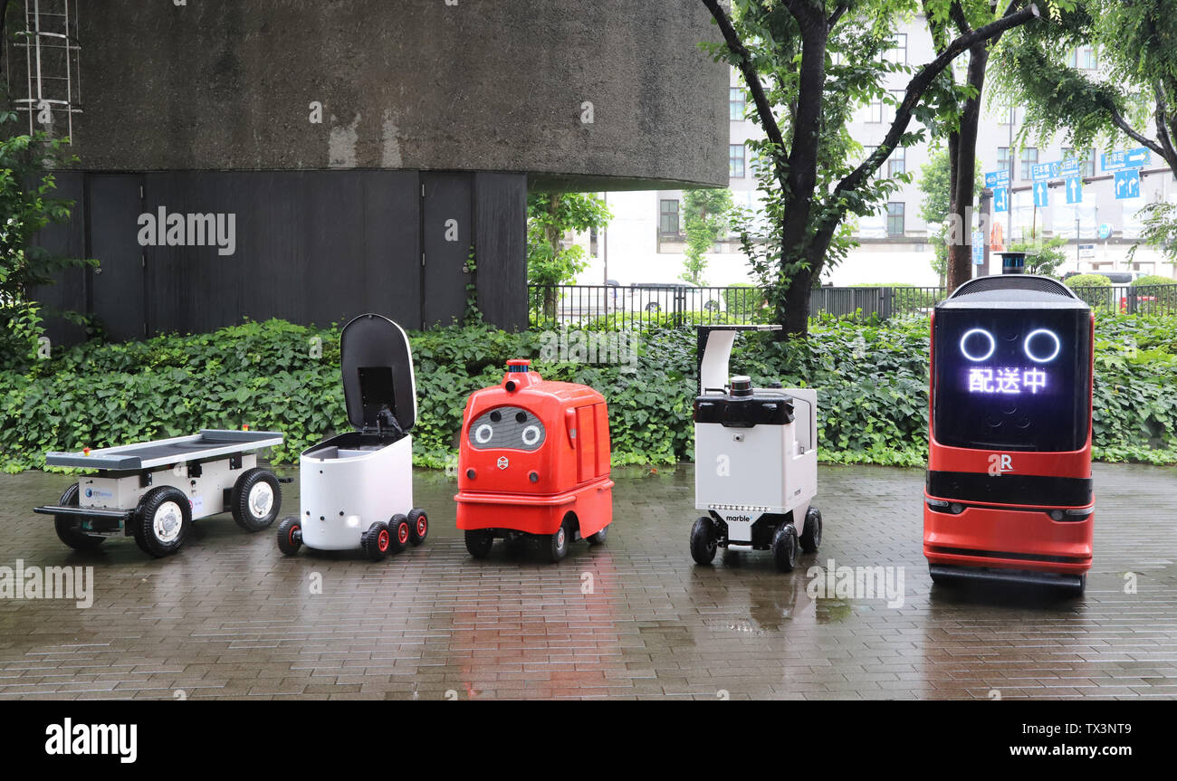 Tokyo, Japan. 24th June, 2019. Delivery robots (L-R) Effidence's EffiBOT of  France, Japan's Hakobot, ZMP's CaliRo Deli of Japan, Marble of the United  States and Chinese e-commerce company DJ.com's delivery robot are