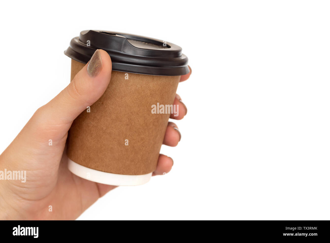 Paper cup with coffee in female hand on white background Stock Photo ...