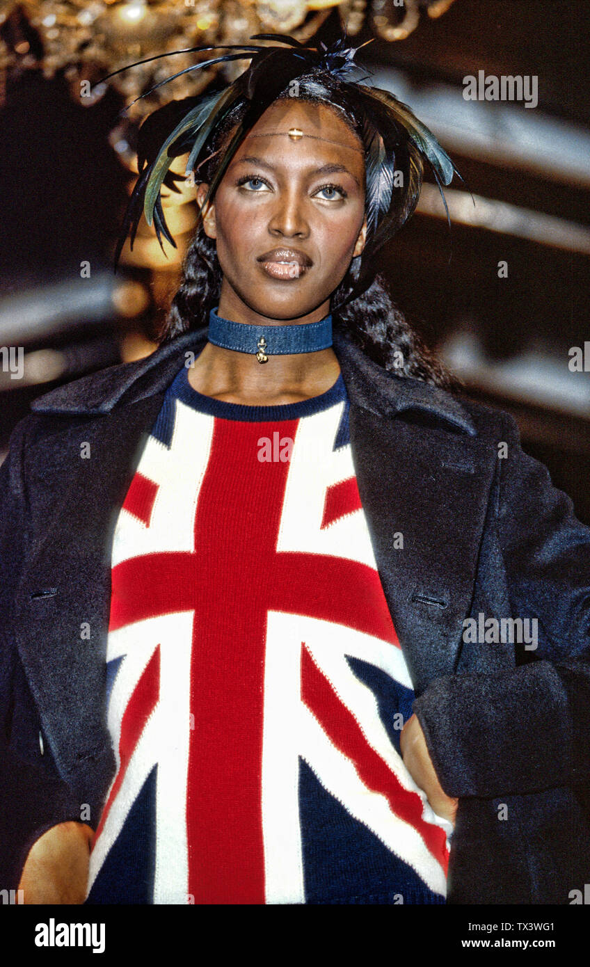 Naomi Campbell wearing a union flag T shirt at London fashion week Stock Photo