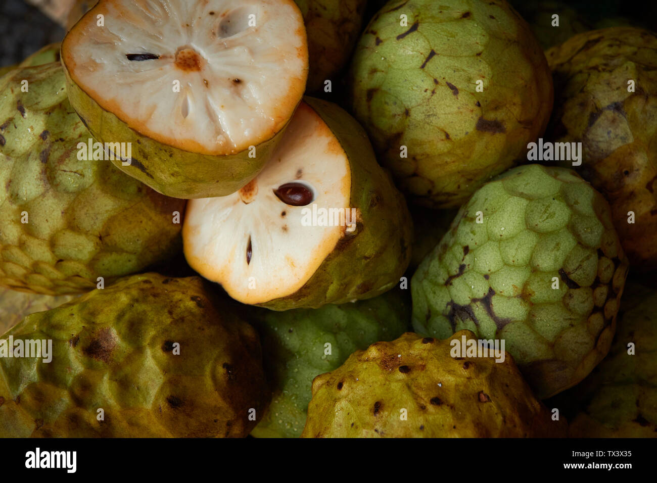 Custard apple fruit close-up in the Mercado dos Lavradores, farmers' market, Funchal, Madeira, Portugal Stock Photo