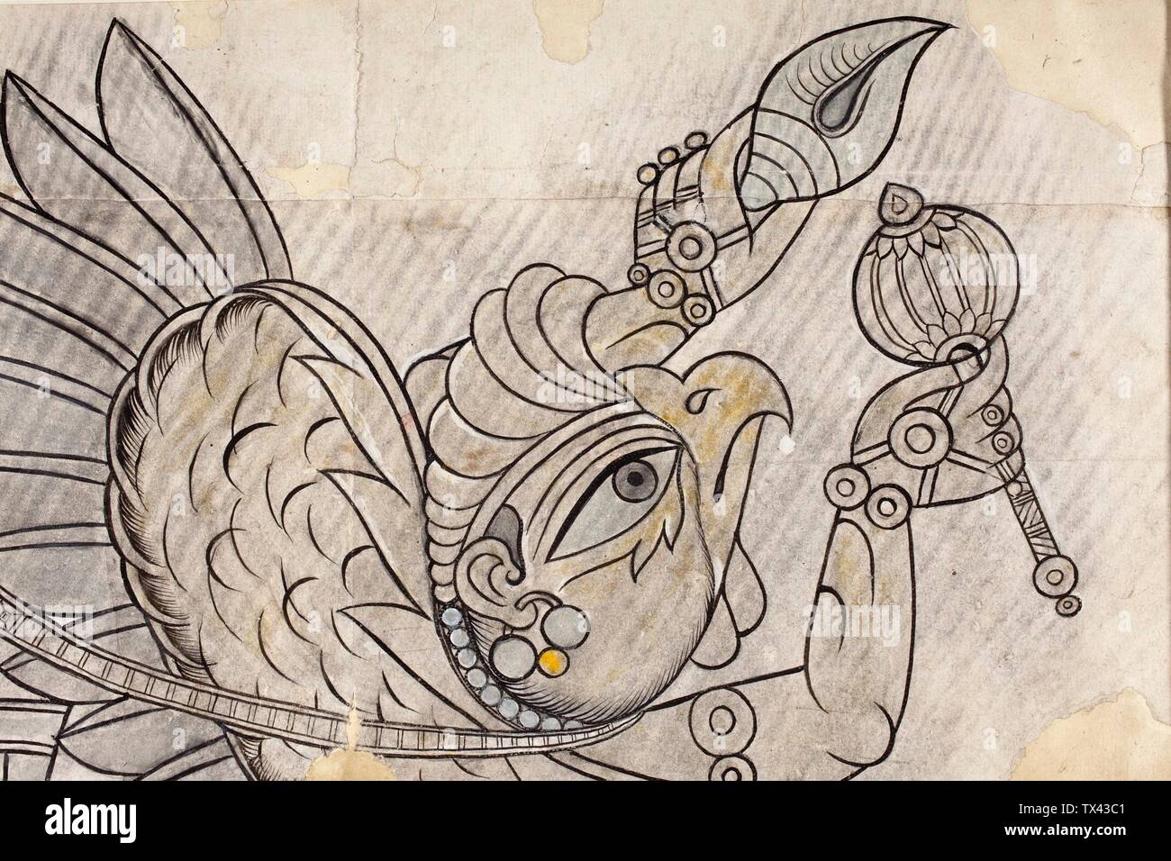 Garuda Flying through the Air (image 2 of 3);  India, Rajasthan, Bundi, circa 1750-1775 Drawings Ink and opaque watercolor on paper 24 1/4 x 27 3/8 in. (61.59 x 69.53 cm) Gift of Paul F. Walter (M.79.191.24) South and Southeast Asian Art; between circa 1750 and circa 1775 date QS:P571,+1750-00-00T00:00:00Z/7,P1319,+1750-00-00T00:00:00Z/9,P1326,+1775-00-00T00:00:00Z/9,P1480,Q5727902; Stock Photo