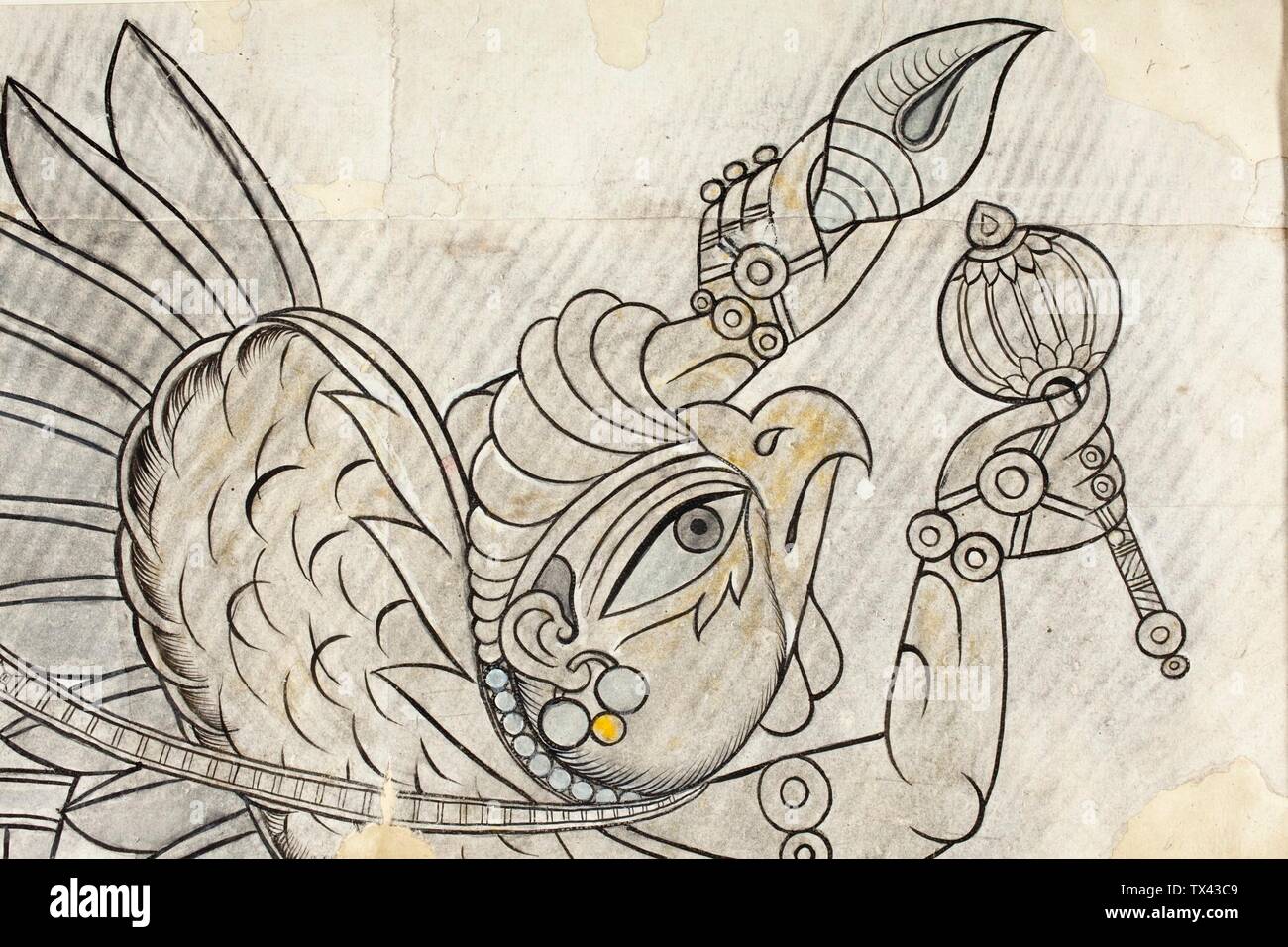 Garuda Flying through the Air (image 3 of 3);  India, Rajasthan, Bundi, circa 1750-1775 Drawings Ink and opaque watercolor on paper 24 1/4 x 27 3/8 in. (61.59 x 69.53 cm) Gift of Paul F. Walter (M.79.191.24) South and Southeast Asian Art; between circa 1750 and circa 1775 date QS:P571,+1750-00-00T00:00:00Z/7,P1319,+1750-00-00T00:00:00Z/9,P1326,+1775-00-00T00:00:00Z/9,P1480,Q5727902; Stock Photo