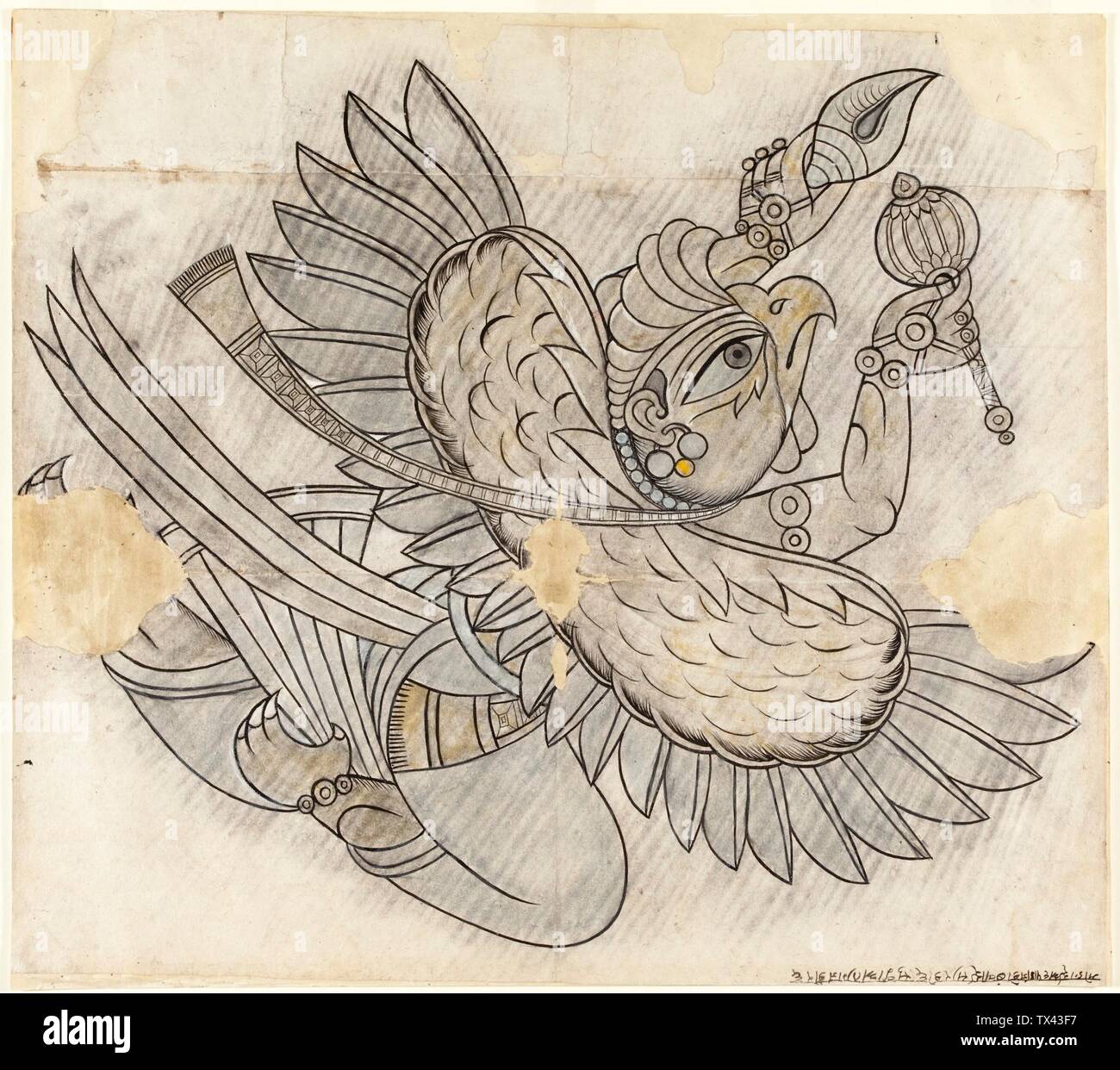 Garuda Flying through the Air (image 1 of 3);  India, Rajasthan, Bundi, circa 1750-1775 Drawings Ink and opaque watercolor on paper 24 1/4 x 27 3/8 in. (61.59 x 69.53 cm) Gift of Paul F. Walter (M.79.191.24) South and Southeast Asian Art; between circa 1750 and circa 1775 date QS:P571,+1750-00-00T00:00:00Z/7,P1319,+1750-00-00T00:00:00Z/9,P1326,+1775-00-00T00:00:00Z/9,P1480,Q5727902; Stock Photo