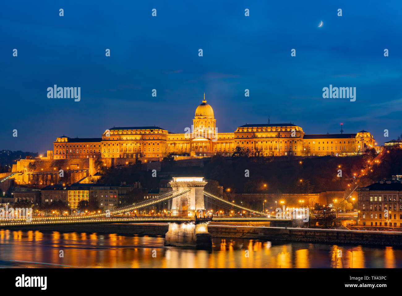 Night view of the famous Széchenyi Chain Bridge with Buda Castle at ...