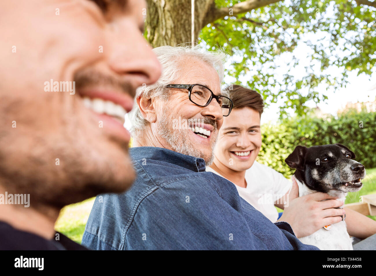 Men of a family sitting on a swing bed ing the garden, talking Stock Photo