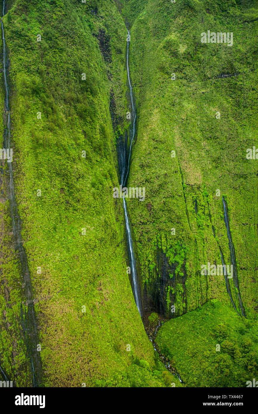 Hawaii, Kauai, Aerial of the Na Pali Coast, Na Pali Coast State Wilderness Park, waterfall Stock Photo