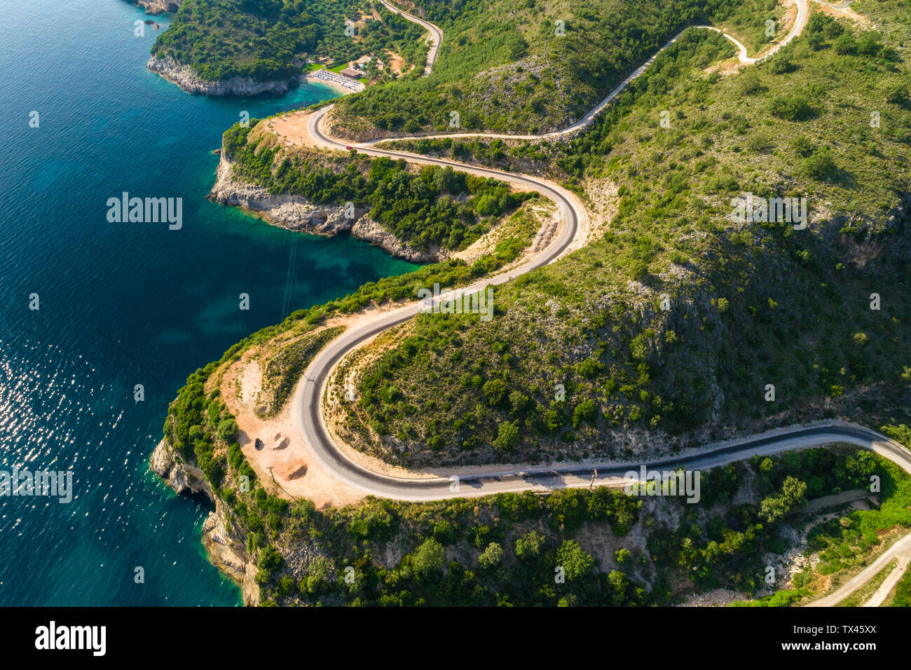 Greece, aerial view of coastal road at Igoumenitsa Stock Photo