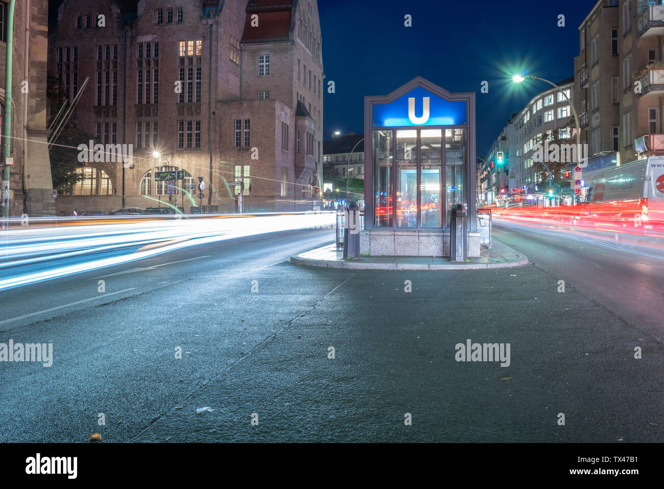 Germany, Berlin-Neukoelln, view to city hall and underground station at night Stock Photo