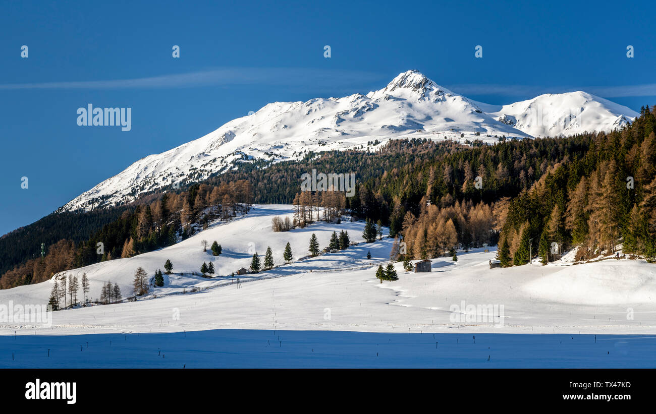 Switzerland, Graubuenden, Italy, South Tyrol, Piz Lad at Reschen Pass in winter Stock Photo