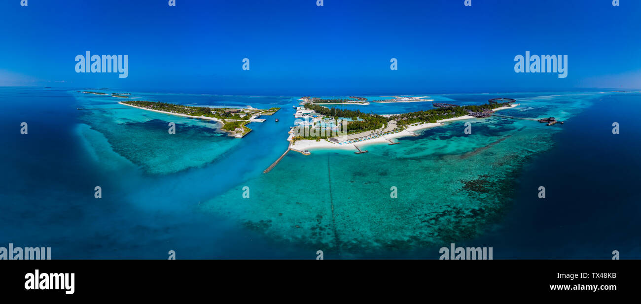 Maledives, South Male Atoll, lagoon of Olhuveli and Bodufinolhu, aerial view Stock Photo