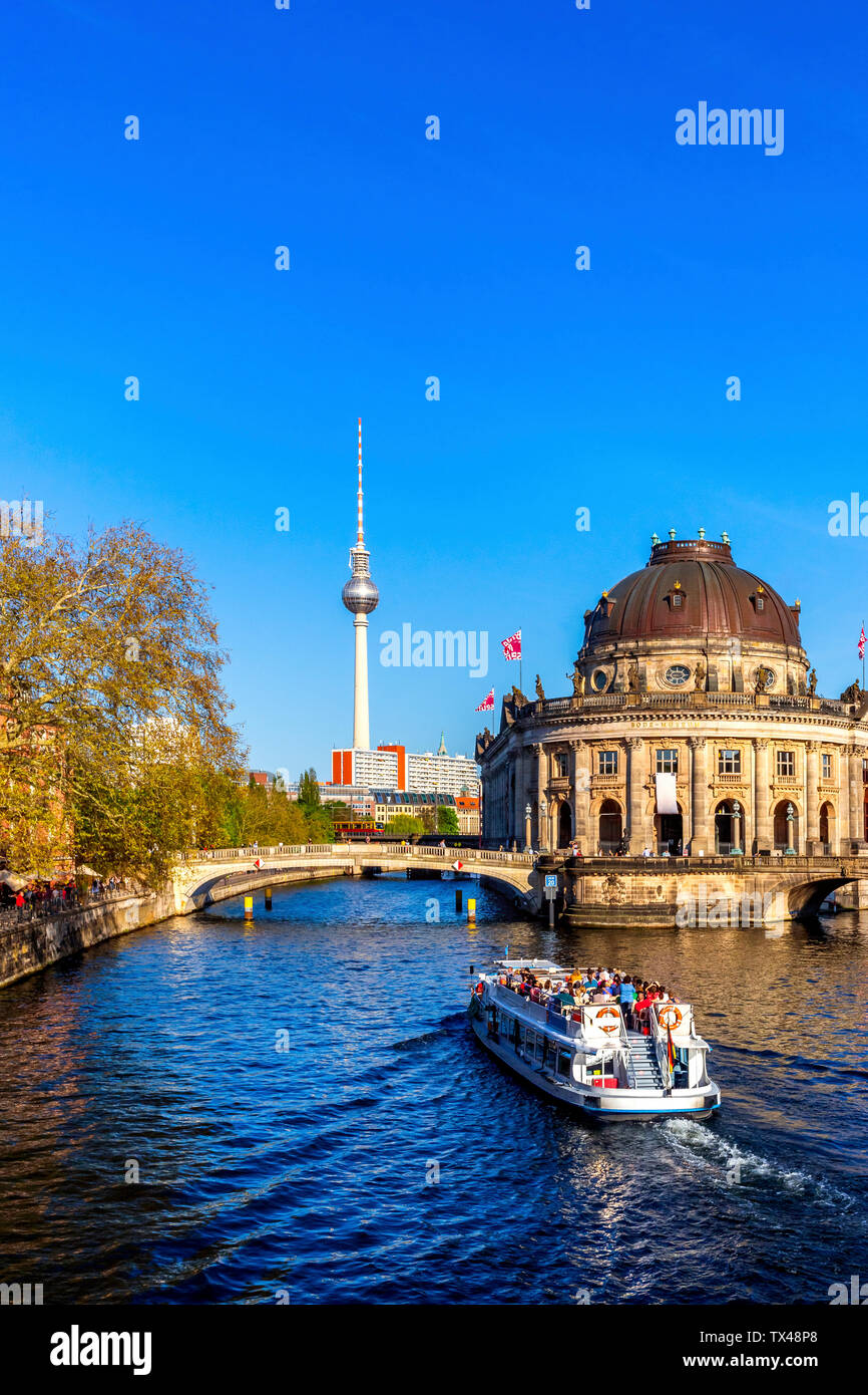 Germany, Berlin, Bode Museum, Berlin TV Tower and ship on Spree Stock Photo