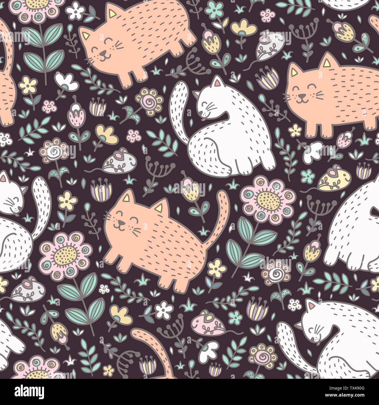 Seamless pattern with cute cats and flowers. Vector illustration Stock ...