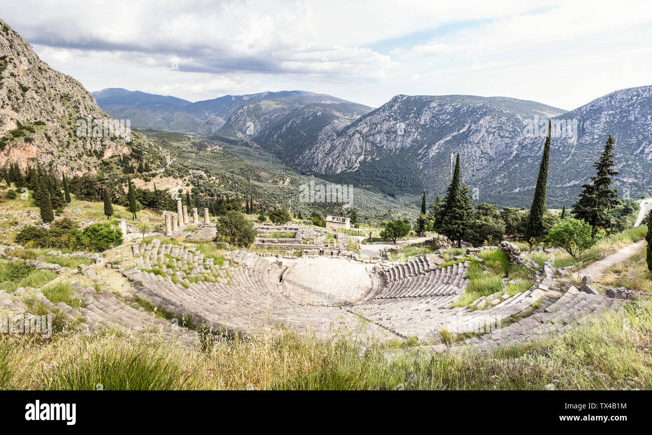 Greece, Delphi, theater, Athenian Treasury and Temple of Apollo Stock Photo