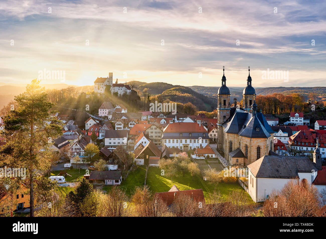 Germany, Bavaria, Goessweinstein, view over basilica and castle Stock Photo