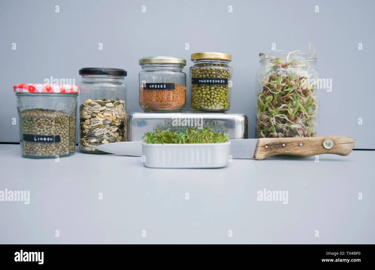 Preserving jars with grains, mung sprouts and cress, home grown sprouts Stock Photo