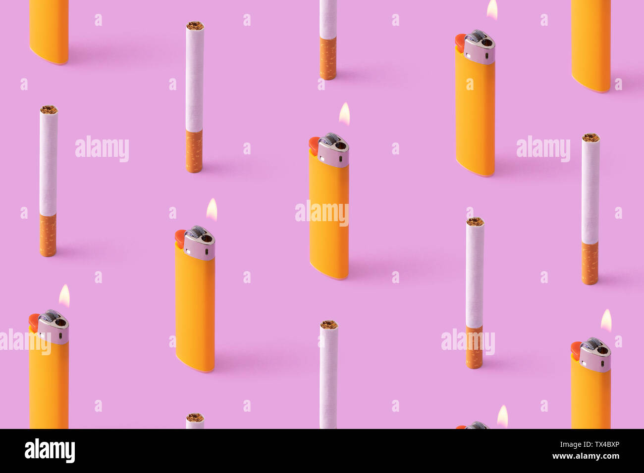 Rows of cigarettes and burning lighters on purple background Stock Photo